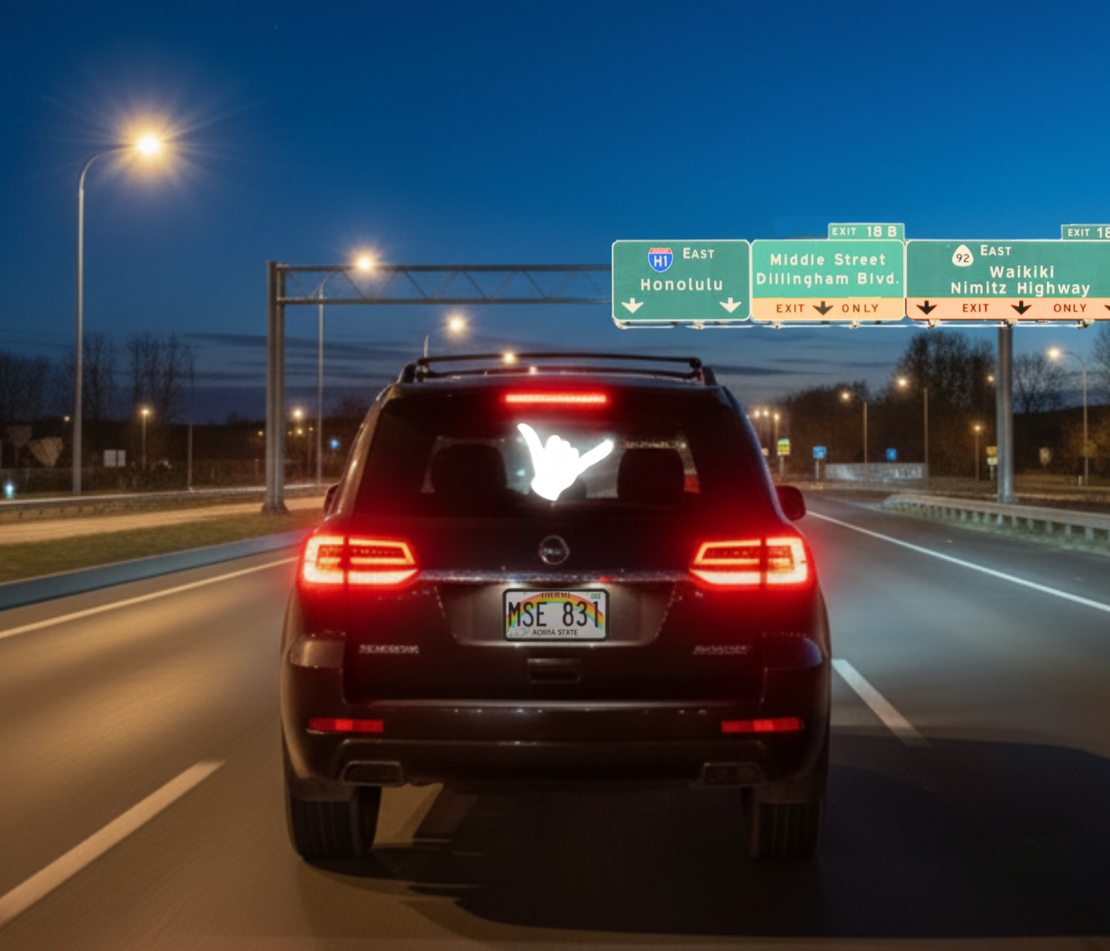 The Shaka glowing on a vehicle at night